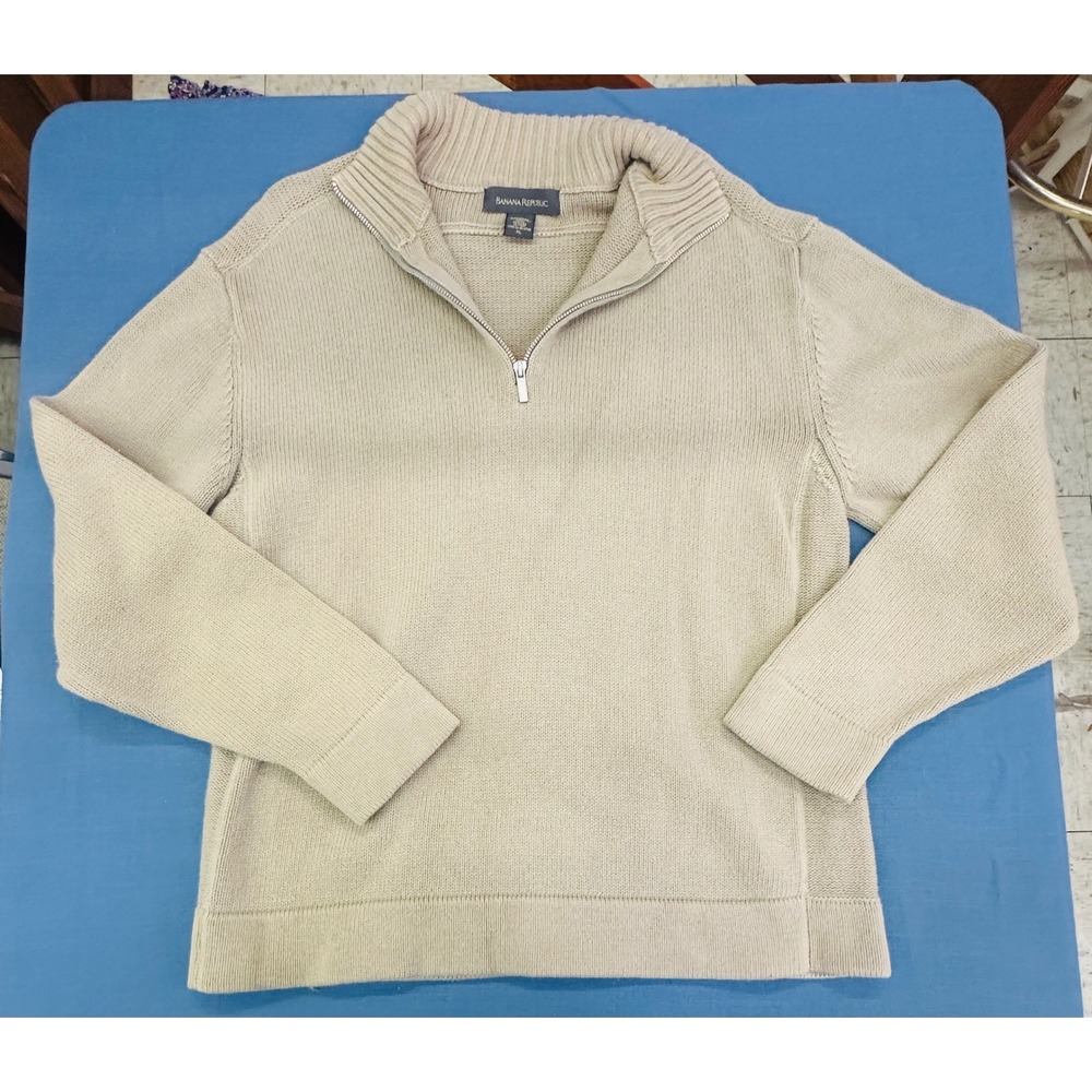Banana Republic Mens XL Tan Beige 100% Cotton Quarter Zip Pullover Sweater